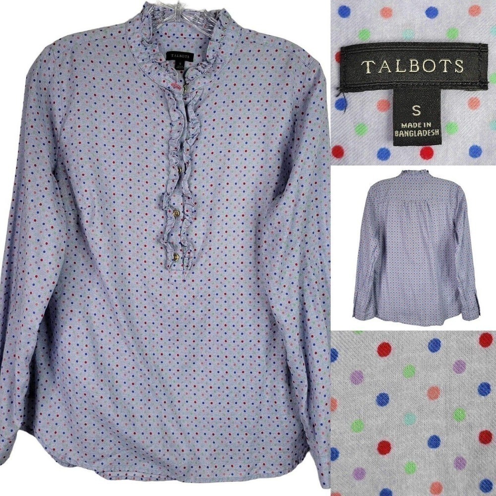 Talbots Women's Polka Dot Shirt LS Popover Size Small Blue Cotton Art To Wear